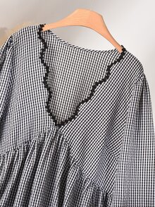 CosyJoli 大尺碼女款格紋長袖襯衫，1950年代復古服飾，對比色蕾絲飾邊秋季外套上衣，度假風黑白秋季上衣 - 黑與白 - 查看 3