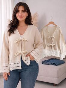 CosyJoli Plus Size Casual Lace-Up Ruffle Patchwork Textured Fabric V-Neck Long Sleeve Blouse Fall - Apricot - View 3