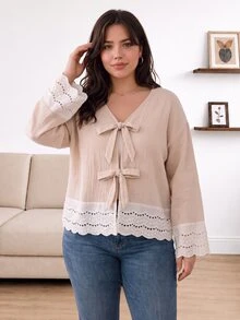 CosyJoli Plus Size Casual Lace-Up Ruffle Patchwork Textured Fabric V-Neck Long Sleeve Blouse Fall - Apricot - View 2