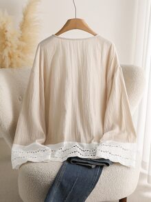 CosyJoli Plus Size Casual Lace-Up Ruffle Patchwork Textured Fabric V-Neck Long Sleeve Blouse Fall - Apricot - View 4