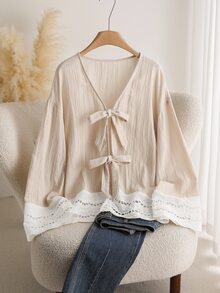 CosyJoli Plus Size Casual Lace-Up Ruffle Patchwork Textured Fabric V-Neck Long Sleeve Blouse Fall - Apricot - View 5
