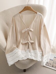CosyJoli Plus Size Casual Lace-Up Ruffle Patchwork Textured Fabric V-Neck Long Sleeve Blouse Fall - Apricot - View 1