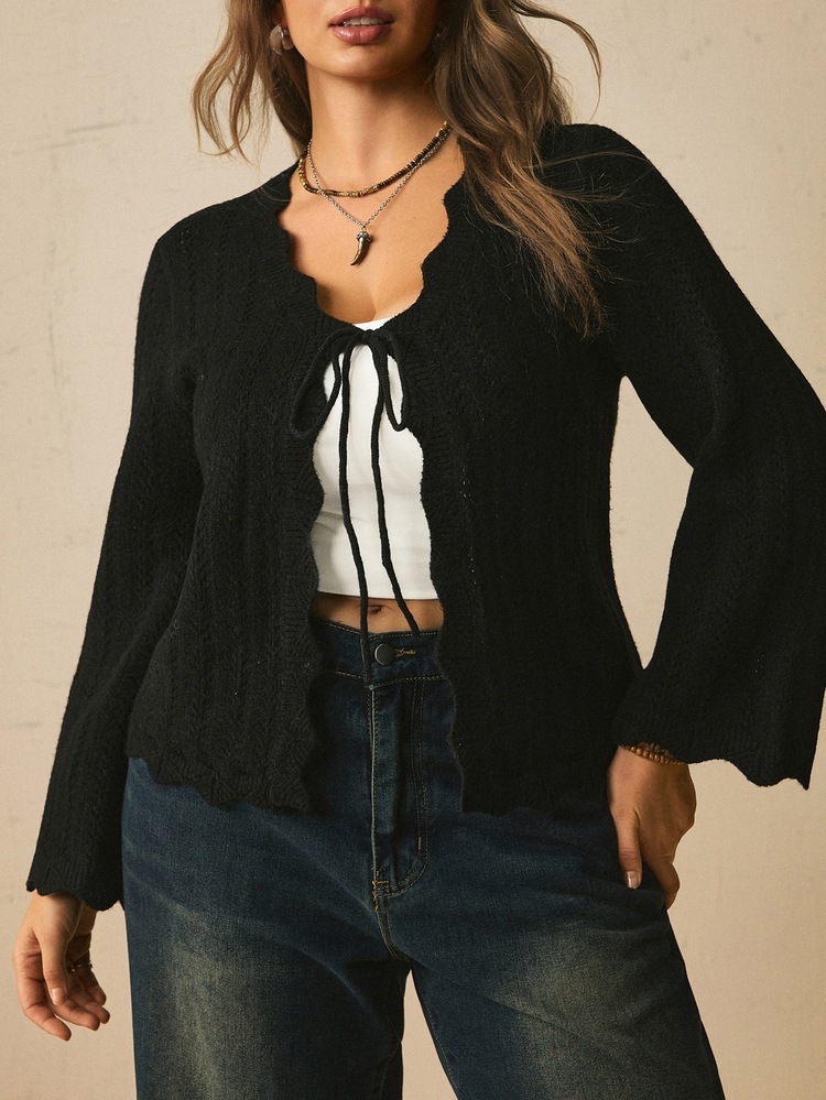 Freevana Plus Size Women's Solid Color Curved Hem Front Tie Long Sleeve Knit Cardigan Winter - Black - View 5