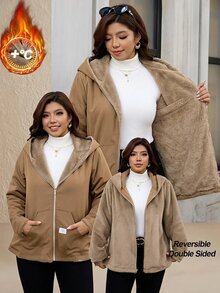 SHEIN Clasi 大尺碼女款純色保暖內裡拉鍊休閒日常長袖外套 - 卡其色 - 查看 9