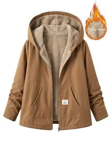 SHEIN Clasi 大尺碼女款純色保暖內裡拉鍊休閒日常長袖外套 - 卡其色 - 查看 1