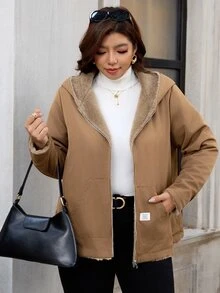 SHEIN Clasi 大尺碼女款純色保暖內裡拉鍊休閒日常長袖外套 - 卡其色 - 查看 3