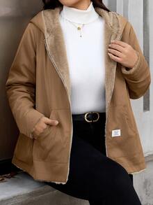 SHEIN Clasi 大尺碼女款純色保暖內裡拉鍊休閒日常長袖外套 - 卡其色 - 查看 6