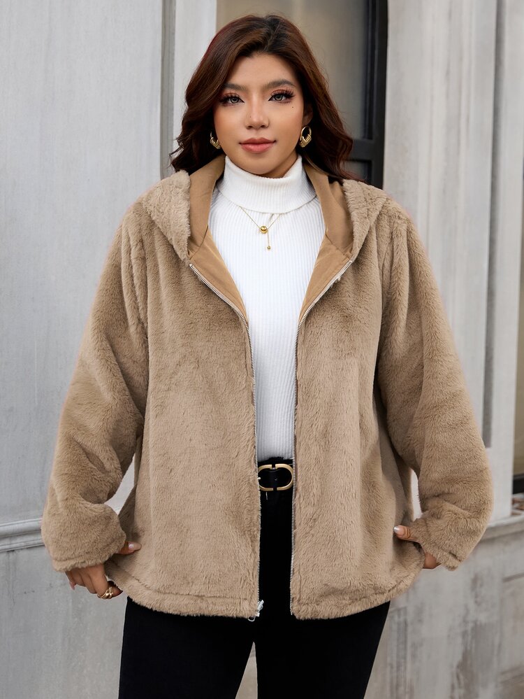 SHEIN Clasi Plus Size Women's Solid Color Thermal Lined Zip-Up Casual Everyday Long Sleeve Jacket Winter - Khaki - View 7
