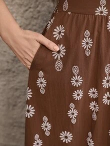 Chikora 大尺碼女款優雅亞麻棉混紡V領休閒通勤洋裝 - 咖啡棕 - 查看 6