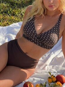 Swim Mod Plus Size Women 2pcs/Set Random Polka Dot Print Casual Swimwear Set - Coffee Brown - View 4