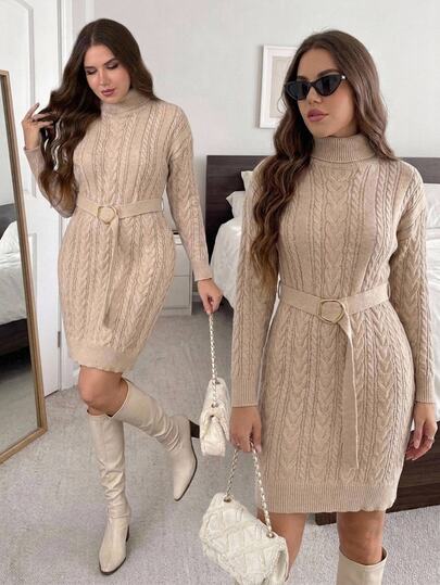 SHEIN LUNE Gaun Sweater Rajut Kabel Ukuran Besar untuk Kantor Formal Kerja Warna Krem Musim Gugur Elegan Bisnis Kasual Musim Dingin