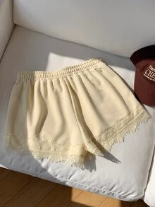 Comfortcana Women's Side Stripe Sweatshirt Fabric Lace Patchwork Shorts - White - View 2