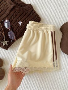 Comfortcana Women's Side Stripe Sweatshirt Fabric Lace Patchwork Shorts - White - View 6