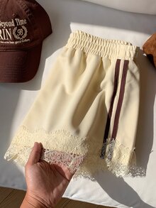 Comfortcana Women's Side Stripe Sweatshirt Fabric Lace Patchwork Shorts - White - View 8