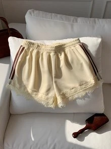Comfortcana Women's Side Stripe Sweatshirt Fabric Lace Patchwork Shorts - White - View 4