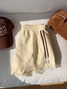 Comfortcana Women's Side Stripe Sweatshirt Fabric Lace Patchwork Shorts - White - View 1