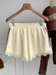 Comfortcana Women's Side Stripe Sweatshirt Fabric Lace Patchwork Shorts - White - View 7