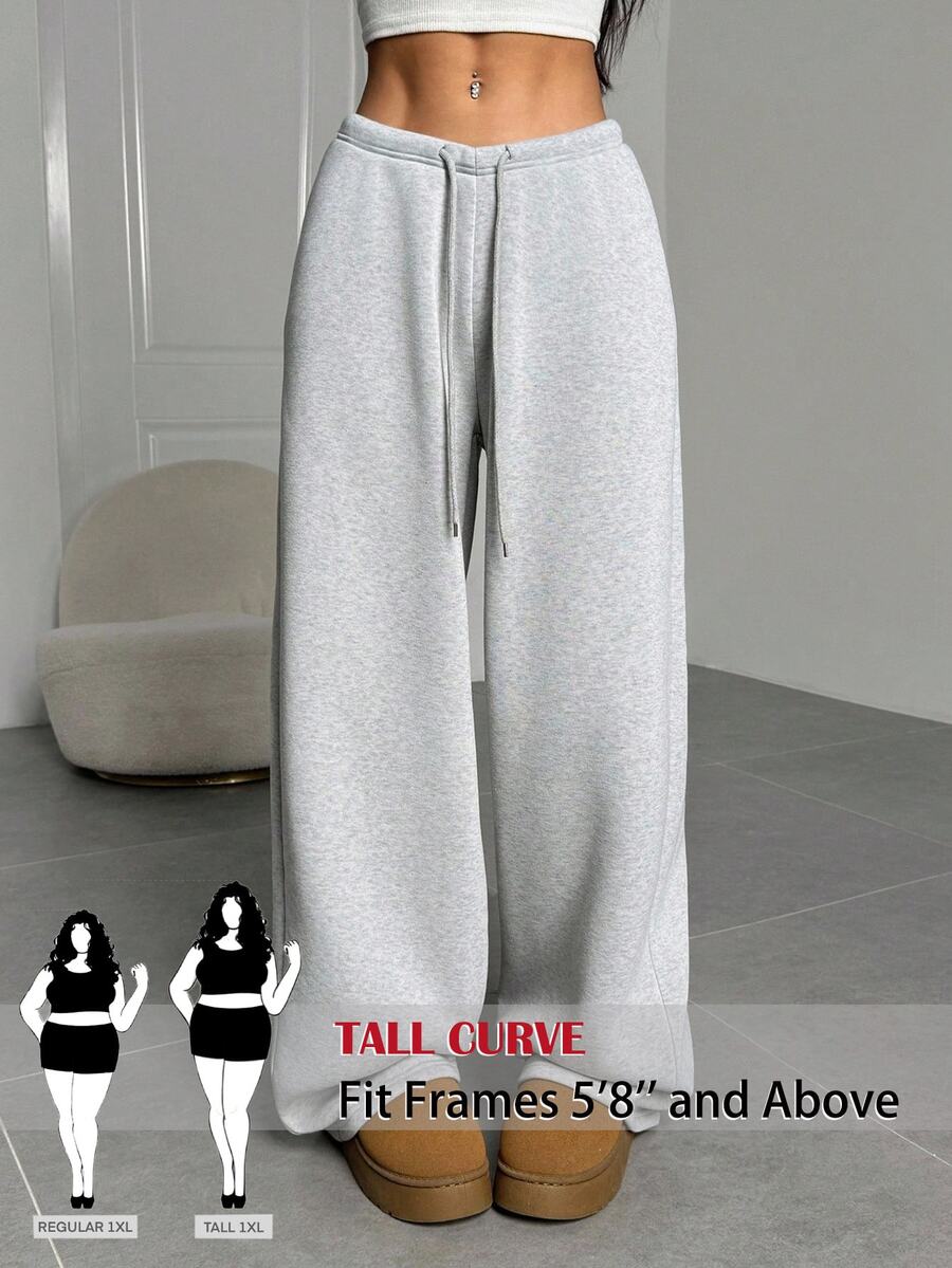 SHEIN Tall CURVE Plus Size Women's Solid Color Drawstring Waist Wide Leg Loose Casual Pants Fall - Light Grey - View 1