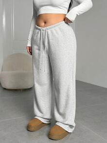 SHEIN Tall CURVE Plus Size Women's Solid Color Drawstring Waist Wide Leg Loose Casual Pants Fall - Light Grey - View 4