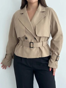 SHEIN PETITE CURVE 大尺碼女款素色長袖休閒風衣大衣 辦公通勤 卡其色 秋冬款 - 駝色 - 查看 9