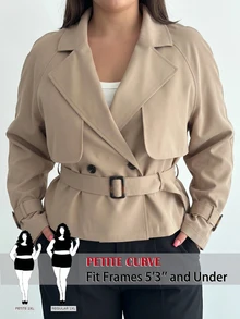 SHEIN PETITE CURVE 大尺碼女款素色長袖休閒風衣大衣 辦公通勤 卡其色 秋冬款 - 駝色 - 查看 11