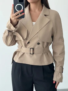 SHEIN PETITE CURVE 大尺碼女款素色長袖休閒風衣大衣 辦公通勤 卡其色 秋冬款 - 駝色 - 查看 12