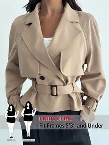 SHEIN PETITE CURVE 大尺碼女款素色長袖休閒風衣大衣 辦公通勤 卡其色 秋冬款 - 駝色 - 查看 1