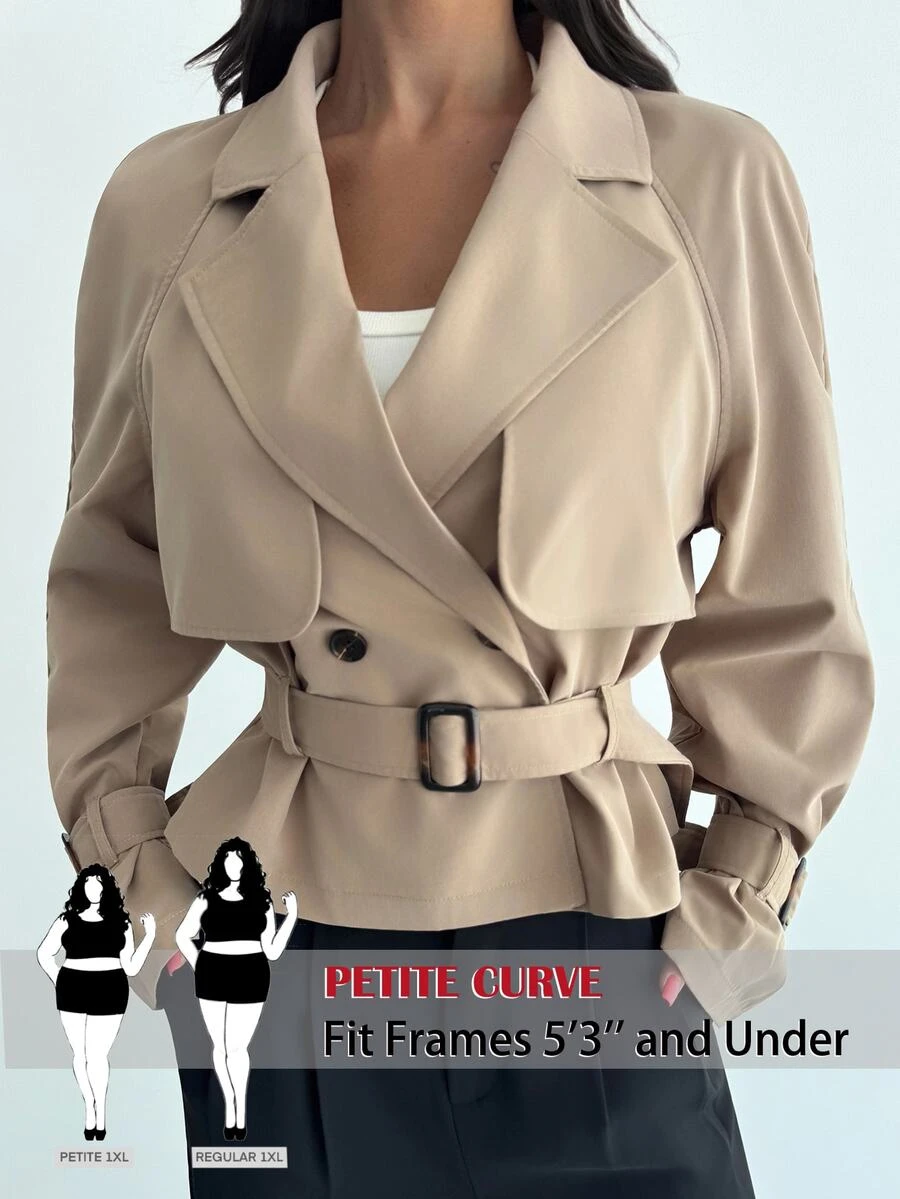 SHEIN PETITE CURVE 大尺碼女款素色長袖休閒風衣大衣 辦公通勤 卡其色 秋冬款 - 駝色 - 查看 1