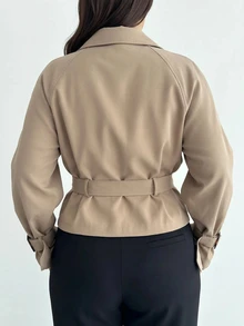 SHEIN PETITE CURVE 大尺碼女款素色長袖休閒風衣大衣 辦公通勤 卡其色 秋冬款 - 駝色 - 查看 2