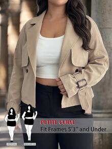 SHEIN PETITE CURVE 大尺碼女款素色長袖休閒風衣大衣 辦公通勤 卡其色 秋冬款 - 駝色 - 查看 3