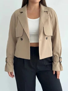 SHEIN PETITE CURVE 大尺碼女款素色長袖休閒風衣大衣 辦公通勤 卡其色 秋冬款 - 駝色 - 查看 7