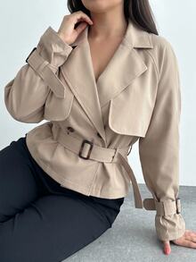 SHEIN PETITE CURVE 大尺碼女款素色長袖休閒風衣大衣 辦公通勤 卡其色 秋冬款 - 駝色 - 查看 8