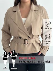 SHEIN PETITE CURVE 大尺碼女款素色長袖休閒風衣大衣 辦公通勤 卡其色 秋冬款 - 駝色 - 查看 13