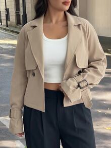 SHEIN PETITE CURVE 大尺碼女款素色長袖休閒風衣大衣 辦公通勤 卡其色 秋冬款 - 駝色 - 查看 4