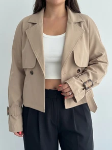SHEIN PETITE CURVE 大尺碼女款素色長袖休閒風衣大衣 辦公通勤 卡其色 秋冬款 - 駝色 - 查看 5