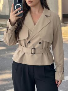 SHEIN PETITE CURVE 大尺碼女款素色長袖休閒風衣大衣 辦公通勤 卡其色 秋冬款 - 駝色 - 查看 6