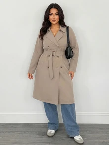 SHEIN PETITE CURVE Plus Size Women Solid Color Double-Breasted Long Sleeve Versatile Trench Coat Jacket Fall - Camel - View 4
