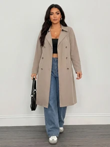 SHEIN PETITE CURVE Plus Size Women Solid Color Double-Breasted Long Sleeve Versatile Trench Coat Jacket Fall - Camel - View 6