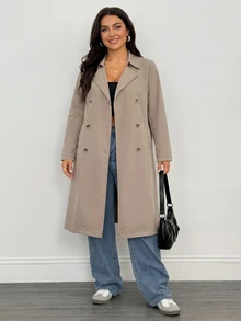 SHEIN PETITE CURVE Plus Size Women Solid Color Double-Breasted Long Sleeve Versatile Trench Coat Jacket Fall - Camel - View 8