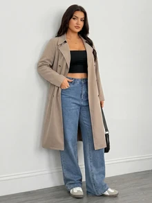 SHEIN PETITE CURVE Plus Size Women Solid Color Double-Breasted Long Sleeve Versatile Trench Coat Jacket Fall - Camel - View 5