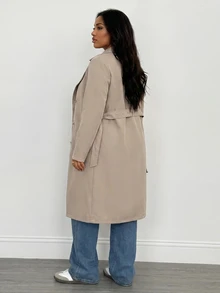SHEIN PETITE CURVE Plus Size Women Solid Color Double-Breasted Long Sleeve Versatile Trench Coat Jacket Fall - Camel - View 7