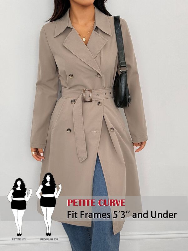 SHEIN PETITE CURVE Plus Size Women Solid Color Double-Breasted Long Sleeve Versatile Trench Coat Jacket Fall