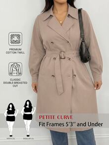 SHEIN PETITE CURVE Plus Size Women Solid Color Double-Breasted Long Sleeve Versatile Trench Coat Jacket Fall - Camel - View 3