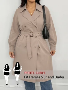 SHEIN PETITE CURVE Plus Size Women Solid Color Double-Breasted Long Sleeve Versatile Trench Coat Jacket Fall - Camel - View 2