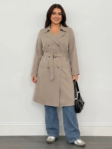 SHEIN PETITE CURVE Plus Size Women Solid Color Double-Breasted Long Sleeve Versatile Trench Coat Jacket Fall - Camel - View 9