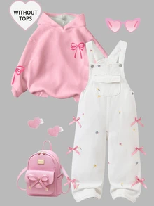 SHEIN 女童牛仔吊帶褲，四季新款，可愛俏皮，復古牛仔女郎西式藍色，基礎簡約彈性腰頭，大口袋 - 白色 - 查看 1