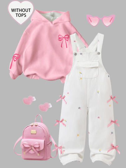 SHEIN Overall Denim untuk Anak Perempuan, Gaya Baru Sepanjang Musim, Imut & Ceria, Beige Vintage, Pinggang Elastis Minimalis, Saku Besar dengan Motif Bunga Warna-warni dan Desain Pita 3D di Kedua Sisi, Potongan Longgar dan Lebar, Modis Cocok untuk Jalan-jalan dan Pesta, Overall Denim Baru untuk Anak Perempuan Sepanjang Musim