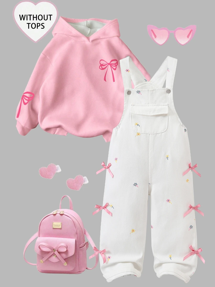 SHEIN 女童牛仔吊帶褲,四季新款,可愛俏皮,復古牛仔女郎西式藍色,基礎簡約彈性腰頭,大口袋 - 白色 - 查看 1