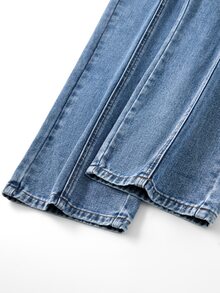 SHEIN Genkimix Kids 女童 Y2K 休閒街頭風牛仔褲，藍色破洞拼接開衩設計，寬腿版型，適合學校假期夏季穿著 - 淺色水洗藍 - 查看 8