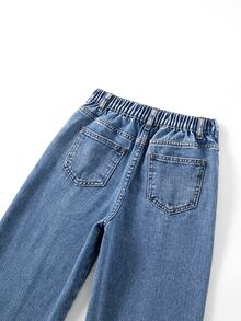 SHEIN Genkimix Kids 女童 Y2K 休閒街頭風牛仔褲，藍色破洞拼接開衩設計，寬腿版型，適合學校假期夏季穿著 - 淺色水洗藍 - 查看 6